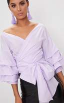 Thumbnail for your product : PrettyLittleThing Lilac Marlow Oversized Ruffle Wrap Shirt