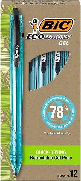 BIC ECOlutions Retractable Gel Pen, Medium Point, 1.0 mm, Black Ink, 12/Pack (RGLE11-BLK)