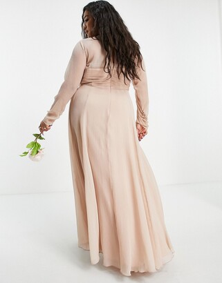 ASOS Curve ASOS DESIGN Curve Bridesmaid ruched waist maxi dress with long sleeves and pleat skirt in blush