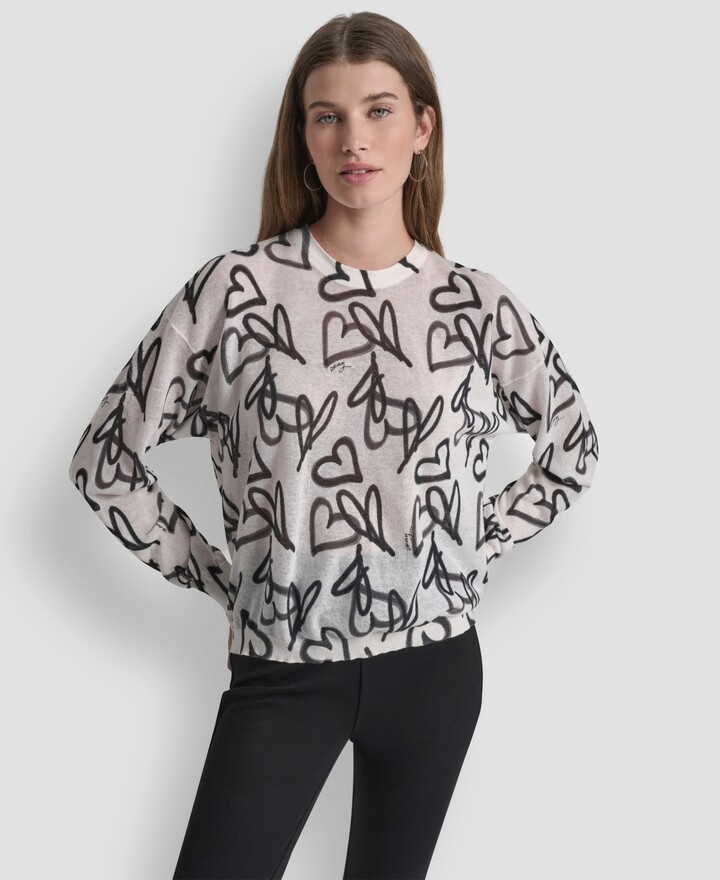 DKNY Women's Long-Sleeve Printed Crew Neck Sweater - Ivory/Black