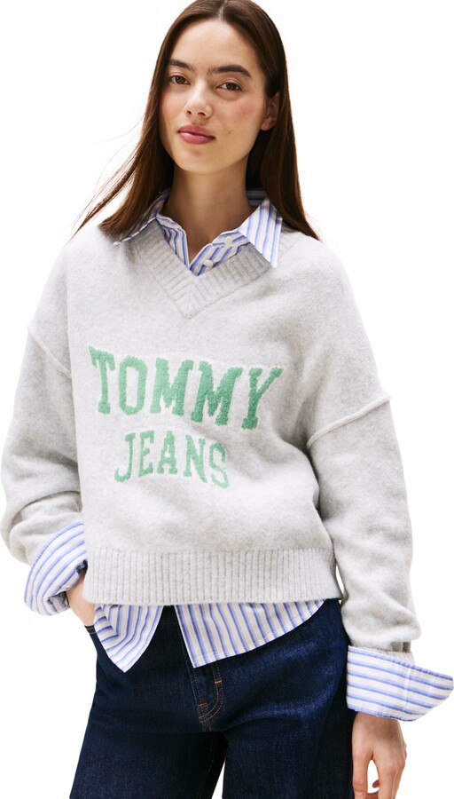Tommy Jeans Women's Varsity V-Neck Long-Sleeve Logo Sweater