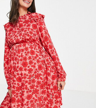 New Look Maternity frill detail mini dress in red floral print