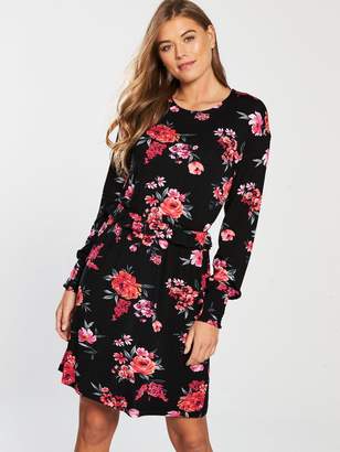 Very Ruched Cuff Jersey Dress - Floral Print
