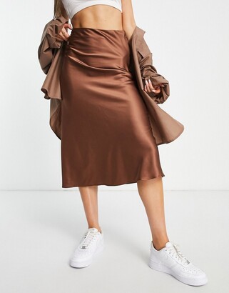 Monki satin midi slip skirt in brown - ShopStyle