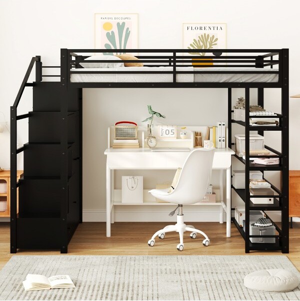 ModernLuxe FullSizeMetalLoftBedFramewithStorageShelvesCabinetsandWardrobeBlack