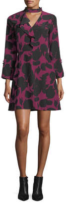 Derek Lam 10 Crosby Choker A-Line Printed Silk Dress w/ Bell Sleeves