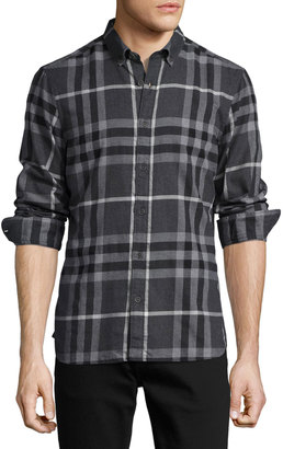 Burberry Check Cotton Flannel Shirt, Dark Gray Melange