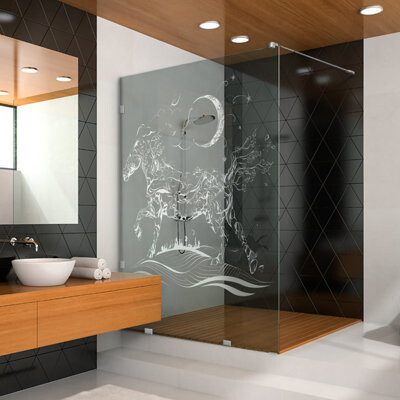 25-1/2 In W x 75 In H Elegant Tempered Glass Shower Screen with Laser Design