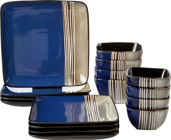 Elama Square Stoneware Loft Collection Dinnerware Dish Set, 16 Piece, Blue and Tan with White