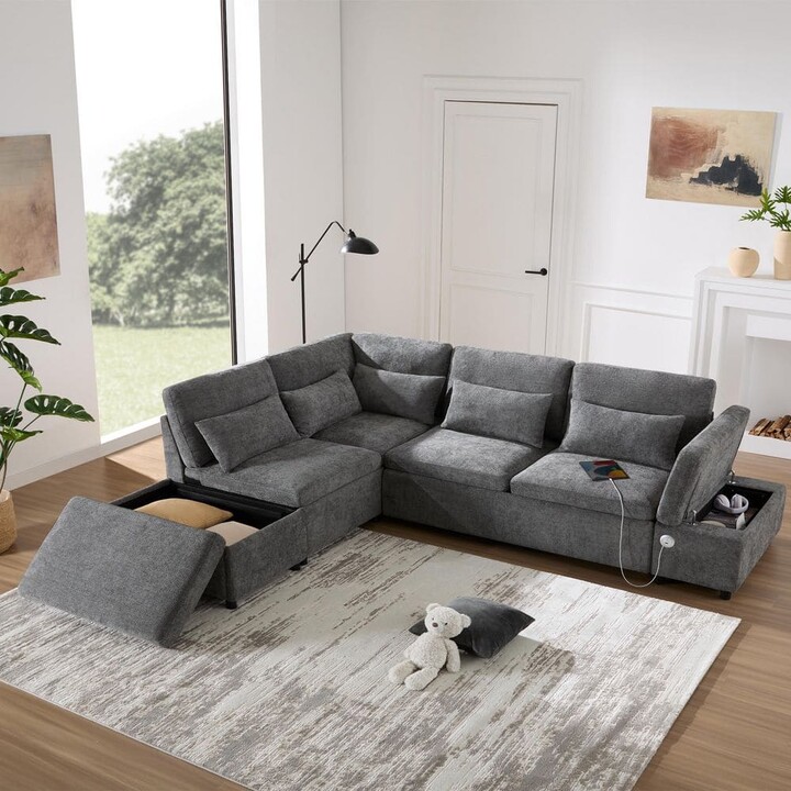 Harper&Bright Designs 107 in. Modular Chenille L-Shape Sectional Sofa in Gray with 2 Storage Ottomans, Pull-Out Sofa Bed