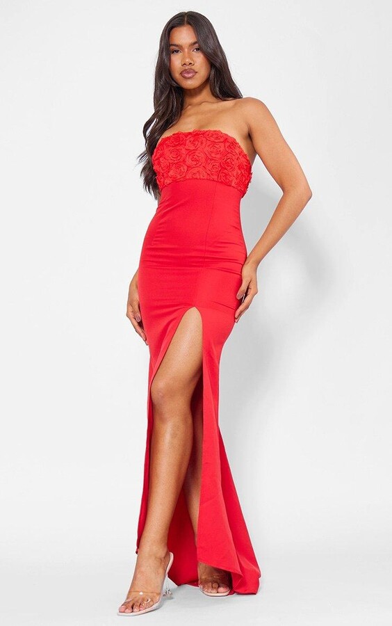 Red Satin Bandeau Rose Detail Split Leg Maxi Dress ShopStyle