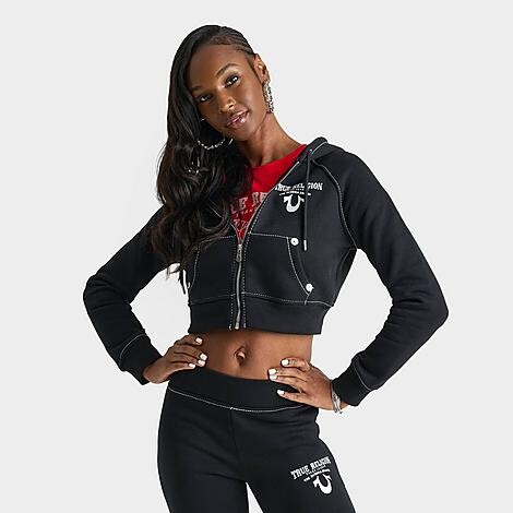 True Religion Women's Crystal Wing Shrunken Full-Zip Cropped Hoodie in Jet Black | Size: XL