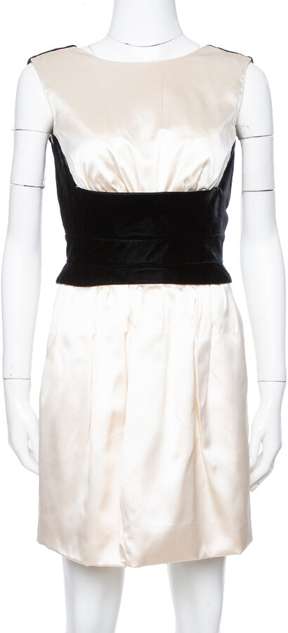 Yves Saint Laurent Cream Silk Velvet Trim Sleeveless Dress S