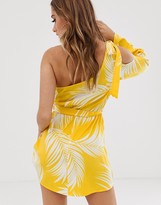 Thumbnail for your product : ASOS DESIGN one shoulder beach cover up with bunny tie in yellow palm outline print