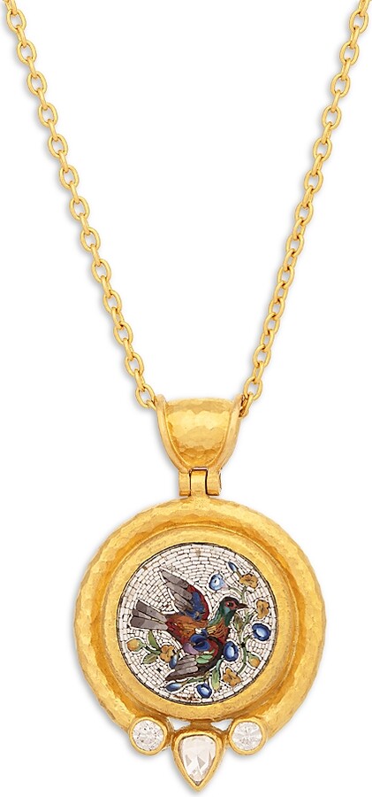 Gurhan 22K & 24K Yellow Gold Antiquities Diamond Mosaic Tesserae Bird Pendant Necklace, 16-18