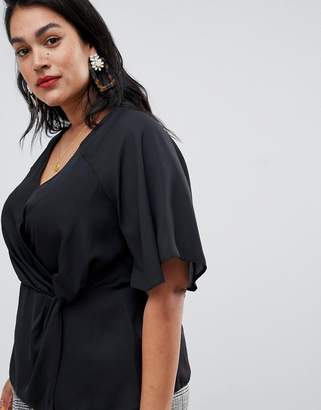 New Look Plus Curve knot wrap blouse in black