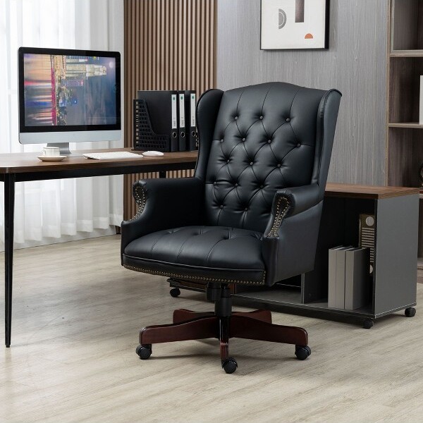 CAVINAS LLC CAVINASExecutiveOfficeChairwithThickPaddedSeatHigh-BackDeskChairwithSmooth-SwivelCastersPULeatherOfficeChairsforWorkspaceBlackPU