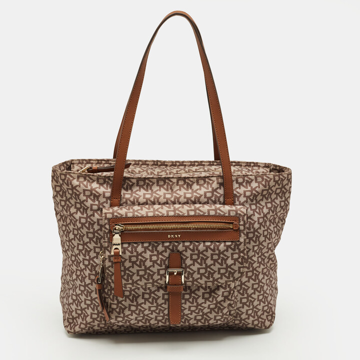 DKNY Cora Brown Monogram Fabric and Leather Tote