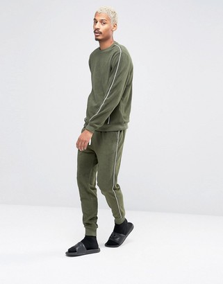 ASOS Towelling Skinny Joggers With Contrast Piping In Khaki
