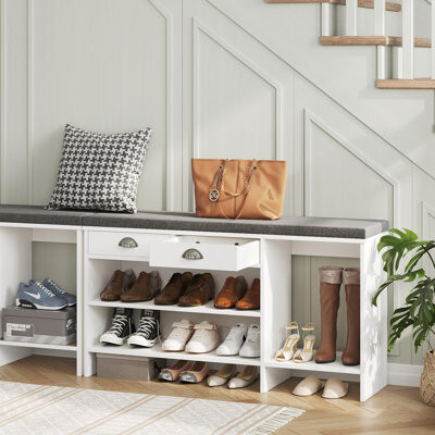 Shoe Storage Bench with Cushion and Drawers, 2-Compartment Shoe Rack Organizer