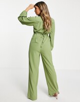 Thumbnail for your product : I SAW IT FIRST woven button-down wide-legged jumpsuit in olive green