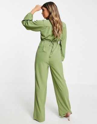 I SAW IT FIRST woven button-down wide-legged jumpsuit in olive green