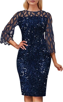Yuargli Strappy Dresses Women's Plus Size Summer Dress Sexy Hollow Out Long  Sleeve Mesh Sequin Midi Dress Casual Party Short Dress Floral Casual Ladies  Dress with Pockets Navy - ShopStyle