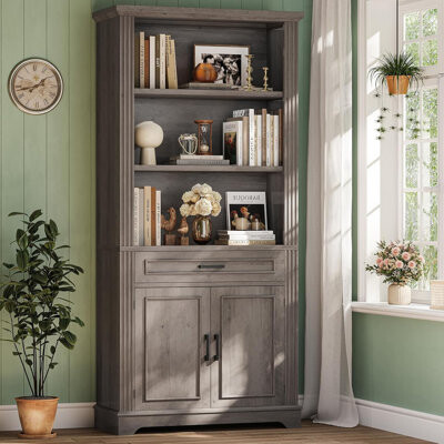 Bookshelves And Bookcases With Doors And Drawer, Floor Standing 6 Shelf ,70 In Tall Bookshelf,Gray