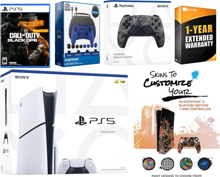 Sony Playstation 5 Slim Disc with Call of Duty Black Ops 6, Extra Controller, Gamer Starter Pack and MightySkins Voucher + 1 Year Cps Extended Warrant