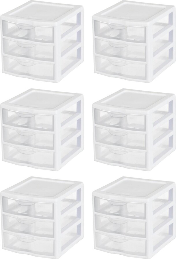Sterilite ClearView Plastic Small 3 Drawer Desktop Storage Unit, White, 6 Pack