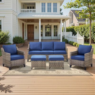 Red Barrel Studio Arlene 5-Piece All-Weather Outdoor Wicker Patio Sofa Conversation Set With Ottomans