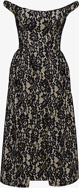 Womens Black Gold Charming Off-Shoulder Lace Midi Dress L