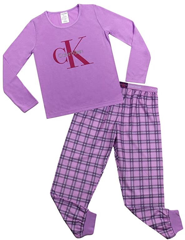 Calvin Klein Girls' Sleepwear Long Sleeve Tee Jogger Plaid Pajama Set -  ShopStyle