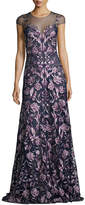 Thumbnail for your product : Marchesa Notte Cap-Sleeve Embroidered Floral Mesh Gown, Navy/Purple