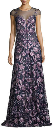 Marchesa Notte Cap-Sleeve Embroidered Floral Mesh Gown, Navy/Purple