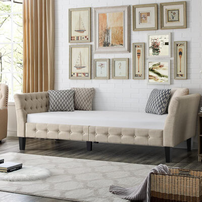 Upholstered Button Tufted Fine Polyester with Wooden Legs Twin Size Daybed Sleeper Couch , Beige