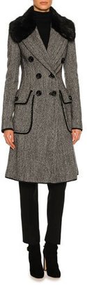 Dolce & Gabbana Double-Breasted Tweed Fur-Collar Coat, Gray