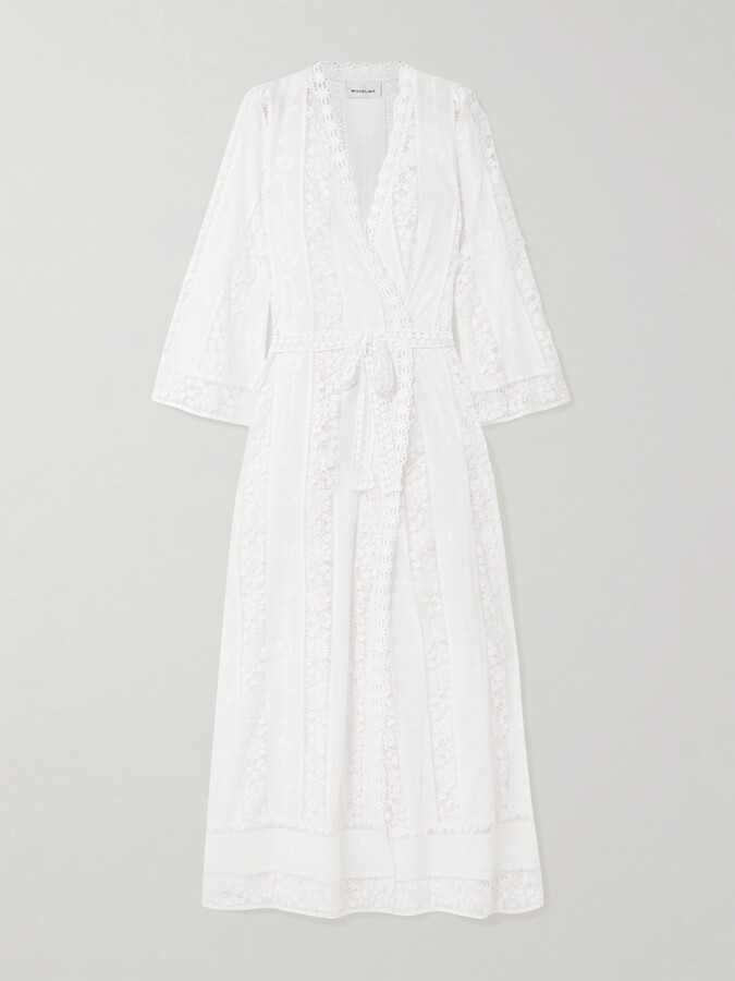 Miguelina Lucinda Belted Embroidered Voile And Lace Coverup - White