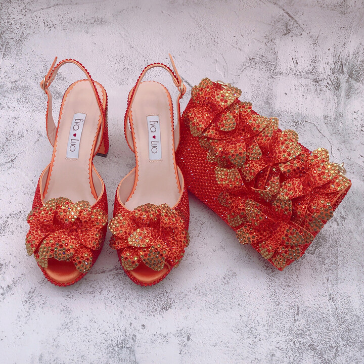 EVA LUO BS1686 Luxury Custom Handmade Orange Gold Flower African Women Italian Shoes With Matching Bag For Birthday Wedding Party