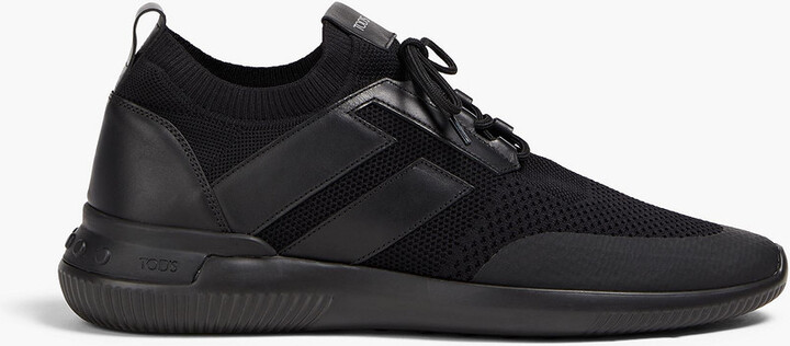 Leather and stretch-knit sneakers