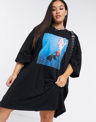 ASOS DESIGN Curve oversized T-shirt dress with rose graphic in black