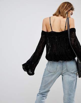 Free People Ginger Berry Off Shoulder Flared Sleeve Lace Blouse