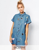 Thumbnail for your product : Lazy Oaf Longline Denim Shirt With All Over Patched Print