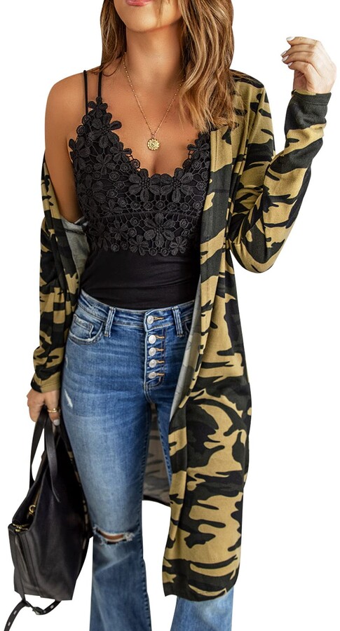 Womens Ladies Camo Printed Cable Knit Cardigan Coat Long Sleeve Tops Blouse UK 