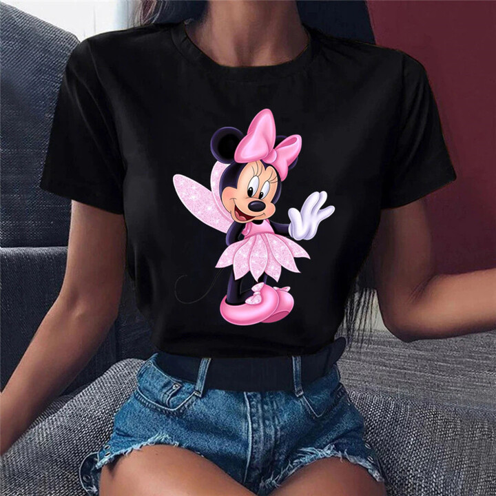 MINISO Disney Pink Minnie Mouse Print T-Shirt Women Black Tops Female Summer Short Sleeve Ladies T-shirt Casual O-neck Tees Tshirt