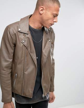 ASOS Faux Leather Biker Jacket In Washed Tan