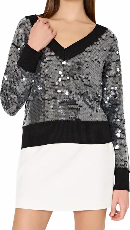 Milly Ilaria Sequin V-Neck Sweater Top In Black