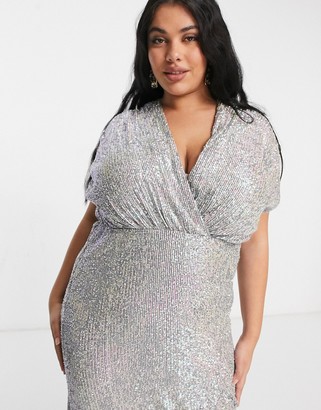 Jaded Rose Plus exclusive wrap plunge sequin maxi with thigh split in iridescent silver