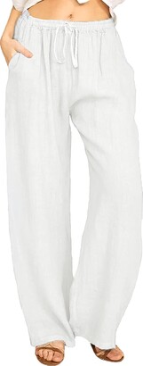Poplooks Women's Comfy Drawstring Linen Pants Long with Smocked