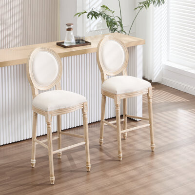One Allium Way French Country 30'' Height Disassemblable Upholstered Bar Chairs Of 2 With Beige Round Back High - Quality Cotton And Linen Solid Wood Framework Ca